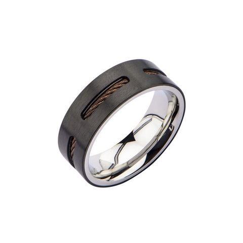 Stainless Steel IP Black w/ Brown Cable Inlay Ring