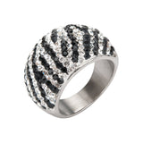 Stainless Steel Polished Ring w/ 200 Black & Clear Crystal Pave Set Zebra Design