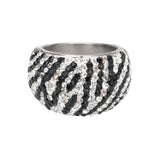 Stainless Steel Polished Ring w/ 200 Black & Clear Crystal Pave Set Zebra Design