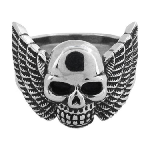 Stainless Steel Black Oxidized Skull Ring w/ Wings