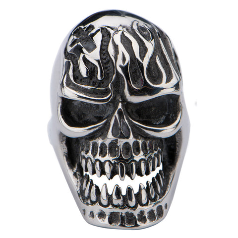 Stainless Steel Polish Finished Skull Ring with Flamed Forehead