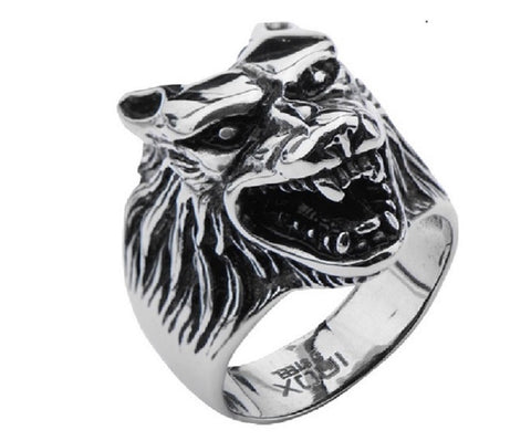 Stainless Steel Black Oxidized Wolf Head Ring