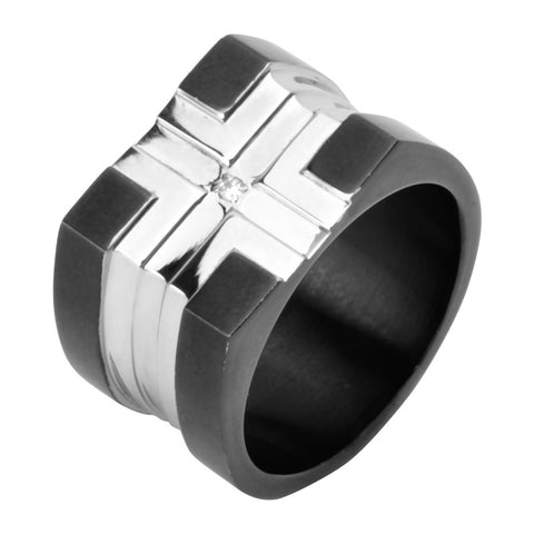 Stainless Steel Polish Finished Cross Ring w/ Black IP Plating & Cz