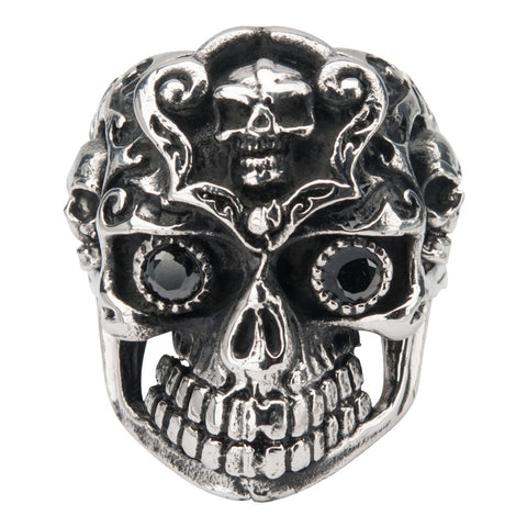 Stainless Steel Black Oxidized Multi-Skull Colored Ring