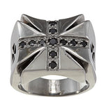 Stainless Steel Iron Cross Ring w/ Black CZ's
