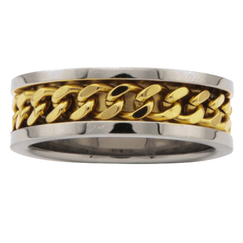 Stainless Steel Ring with IP Gold Curb Chain in Middle