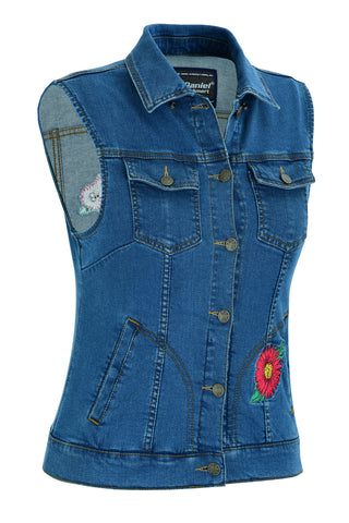 DM944 Women's Blue Denim Snap Front Vest with Red Daisy