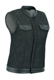 DM963 Women's Rough Rub-Off Raw Finish Denim Vest W/Leather Trim