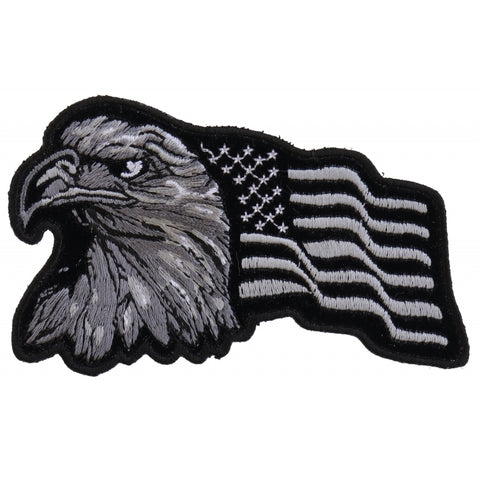 P3960 Eagle With Waving Flag Black Silver Patriotic Iron on Patch