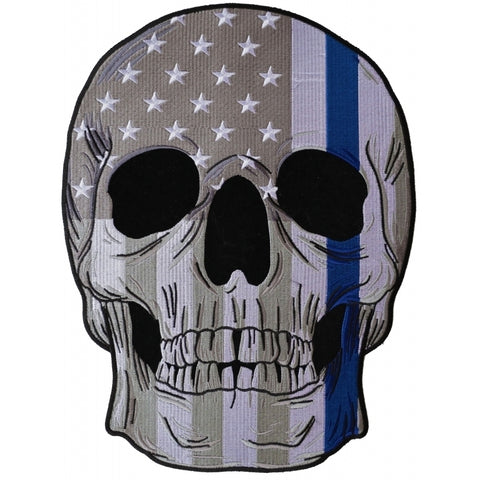 PL5995 Thin Blue Line Police Flag Skull Embroidered Iron on Patch