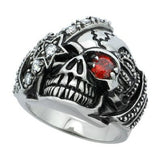 Stainless Steel Black Oxidized Star Eye Patch Crown Skull Red Gem Ring